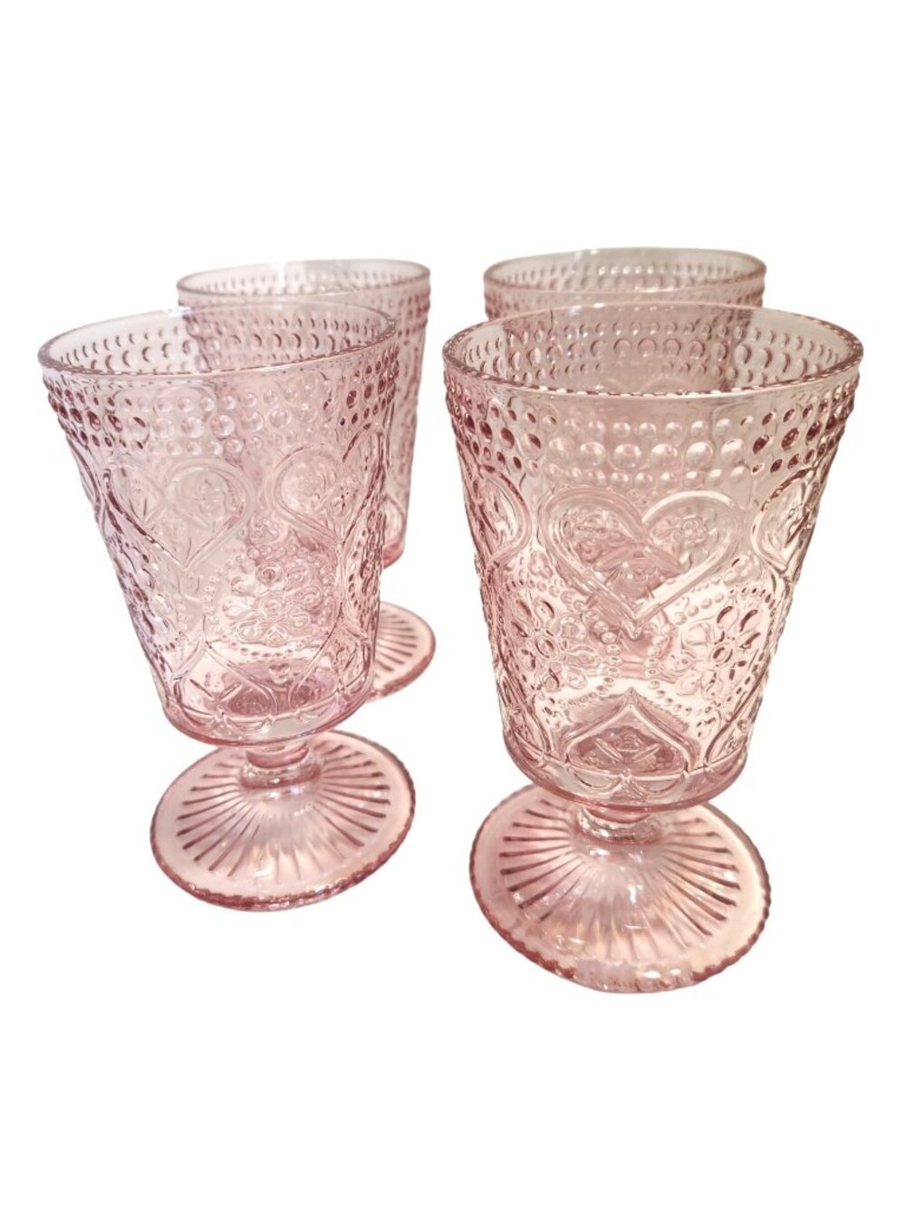 Glass Smile Pink Pressed Glass Pedestal Goblets Set Of 4 Heart Floral Pattern